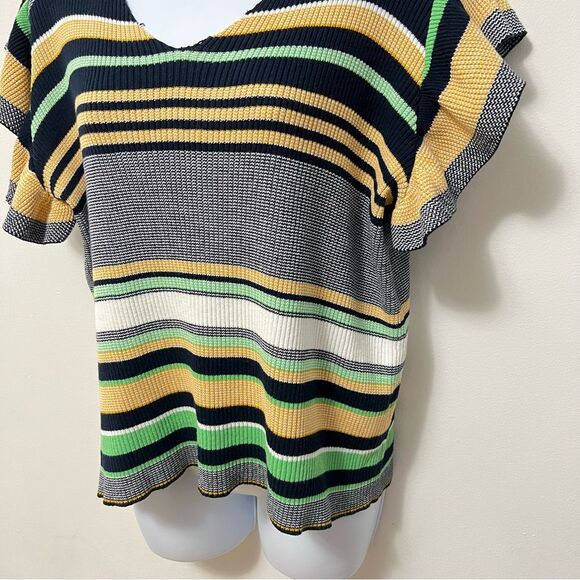 THML Womens Rib Knit Short Sleeve Sweater Size M Yellow and Blue Relaxed Fit - Picture 3 of 10